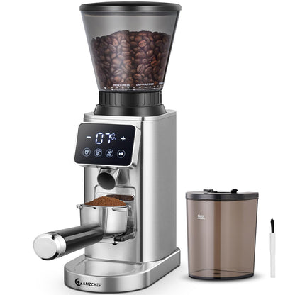AMZCHEF Kaffeemühle elektrisch Siebträger – 48 Mahlgrade. Kompakte, schwarze Mühle. Mahlt Bohnen präzise für Siebträger.