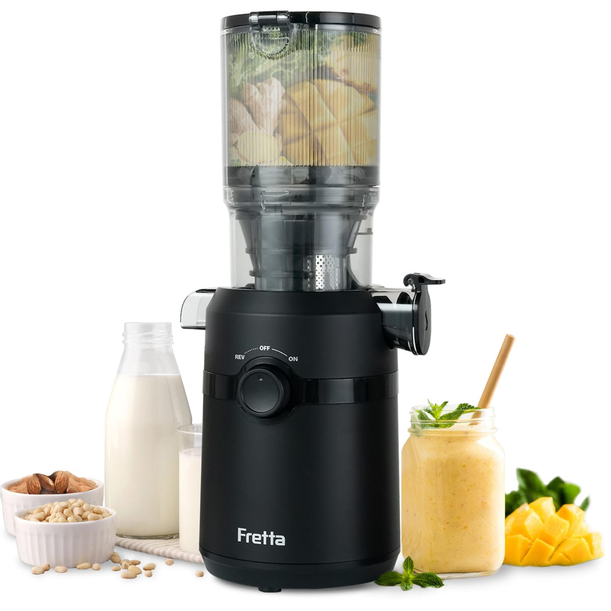 Fretta F5000 Slow Juicer Entsafter mit 108 mm Einfüllöffnung, 200 W – aus BPA-freiem Tritan