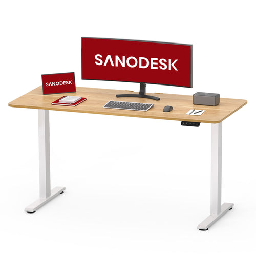 SANODESK Höhenverstellbarer Elektrischer Schreibtisch 120x60 Ahorn. Rechteckige Ahorn-Platte. Wechsel zw. Sitzen/Stehen.