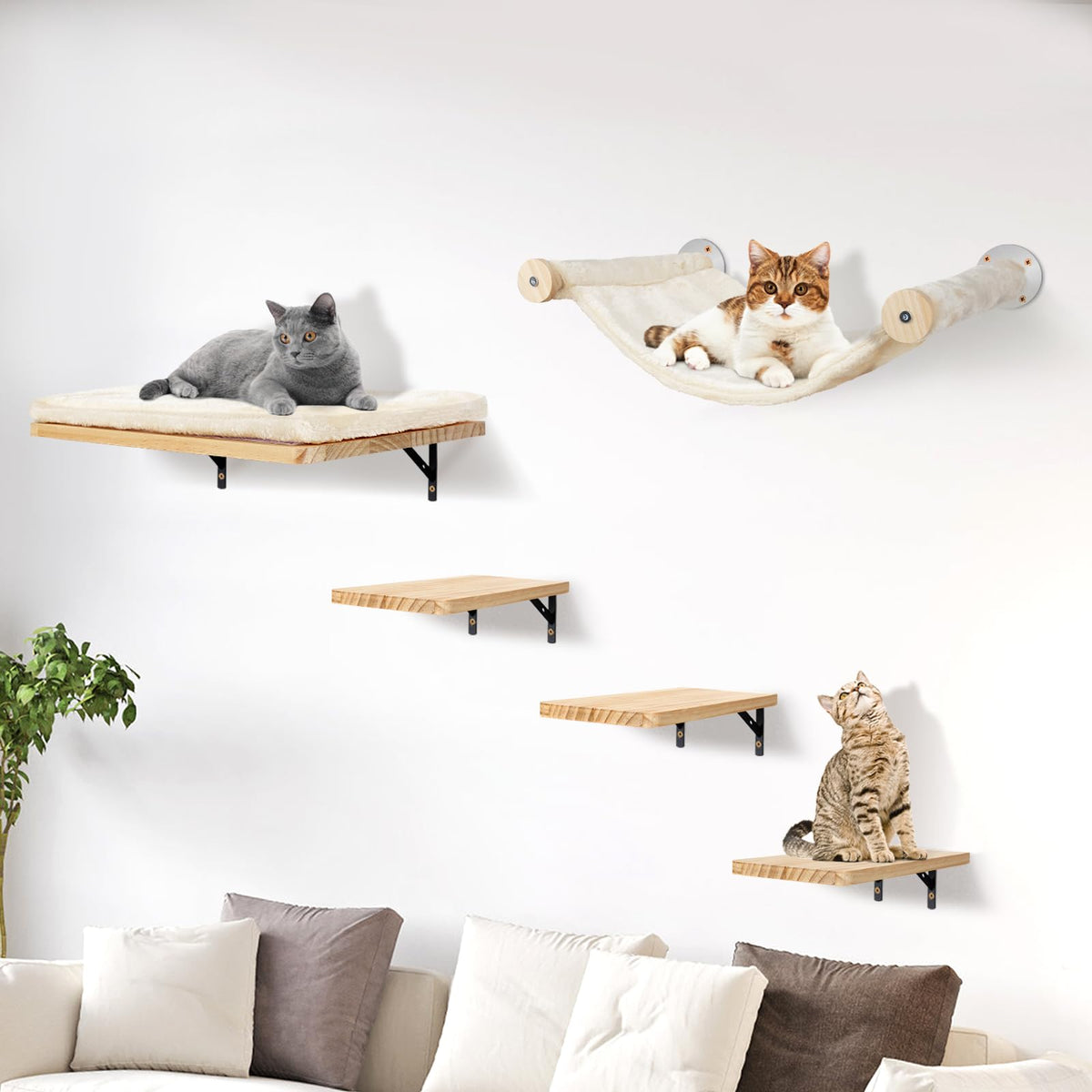 Sofoteaful Katzen-Kletterwand-Set, 5-teilig aus Massivholz, mit Katzentreppe und Hängematte