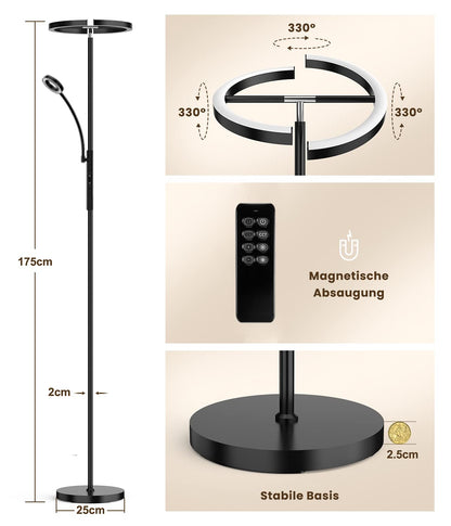 ANTENLICHT Stehlampe LED Dimmbar Schwarz - Deckenfluter Leselampe