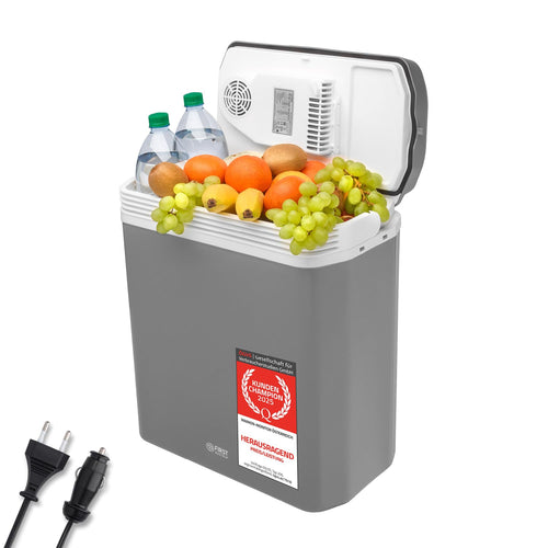 TZS First Austria Thermoelektrische Kühlbox 24L 12V/230V - Grau. Rechteckige Box für die mobile Kühlung von Lebensmitteln.