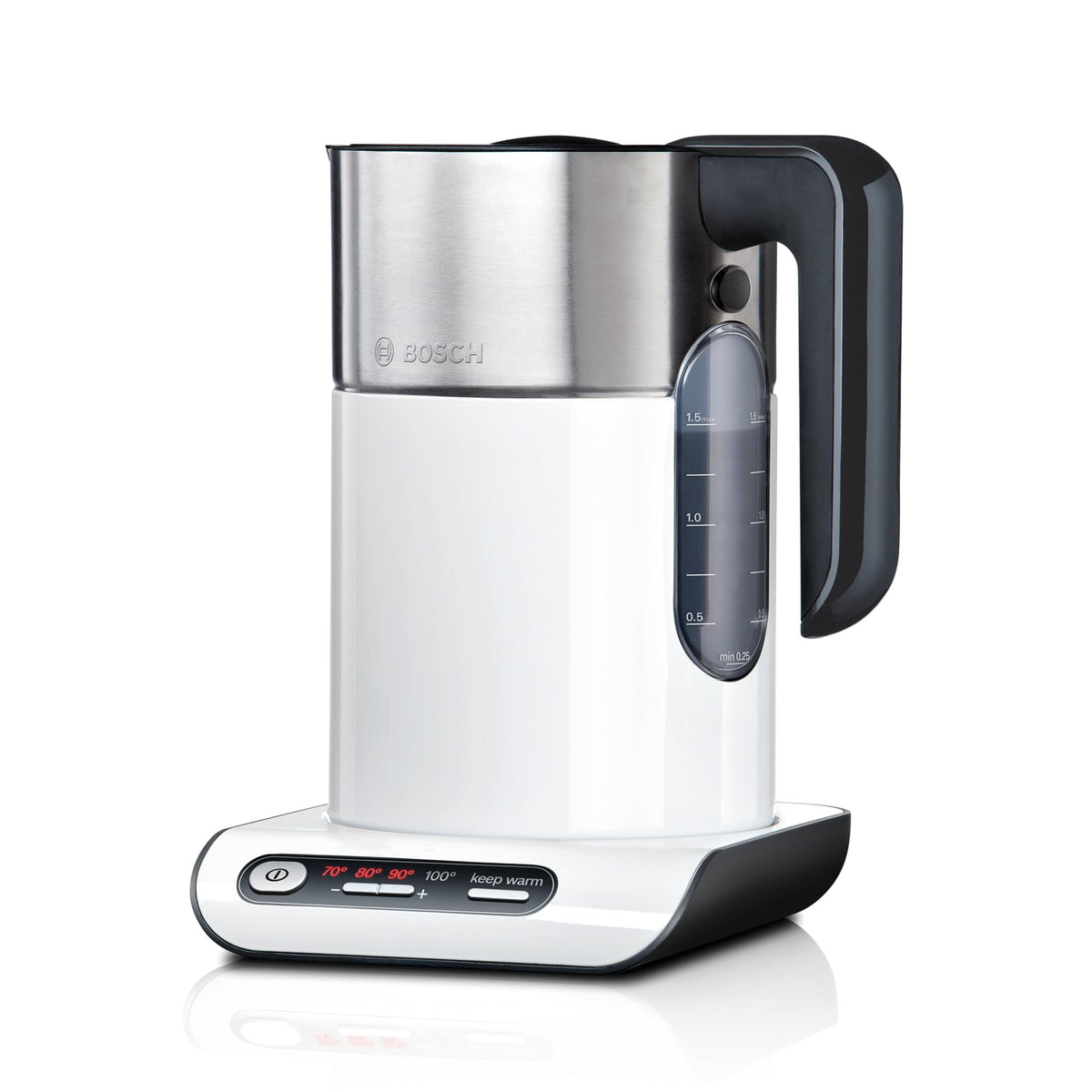 Bosch TWK8611P kabelloser Wasserkocher weiss mit Temperaturwahl. Erhitzt Wasser präzise auf die gewünschte Temperatur.