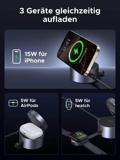 UGREEN MagFlow 3-in-1 Ladestation Magsafe Qi2 15W