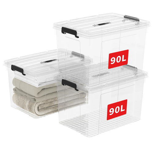 Cetomo Organizer-Behälter 90L Transparent - 3er Pack mit Deckel: Rechteckige Boxen zur geordneten Lagerung von Kleidung und Hausrat.