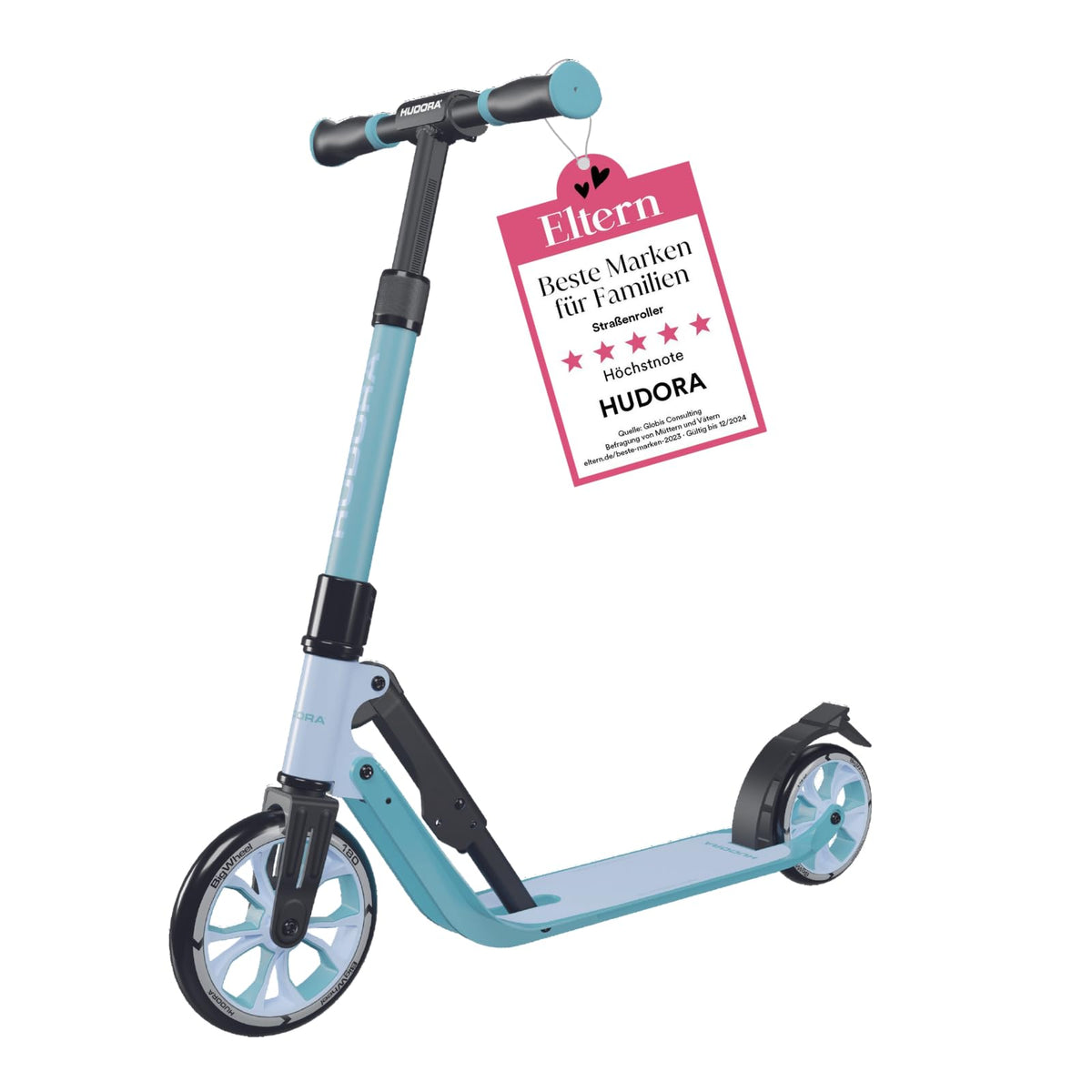 HUDORA BigWheel 180 Advanced Junior Kinder Roller – Blau. Blauer Aluminium-Kickscooter mit großen PU-Rollen für Mobilität von Kindern.