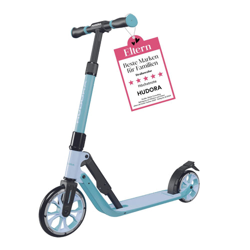 HUDORA BigWheel 180 Advanced Junior Kinder Roller – Blau. Blauer Aluminium-Kickscooter mit großen PU-Rollen für Mobilität von Kindern.