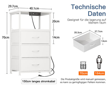 Coleshome Nachttisch Weiss mit Steckdose, USB und LED, 3 Schubladen