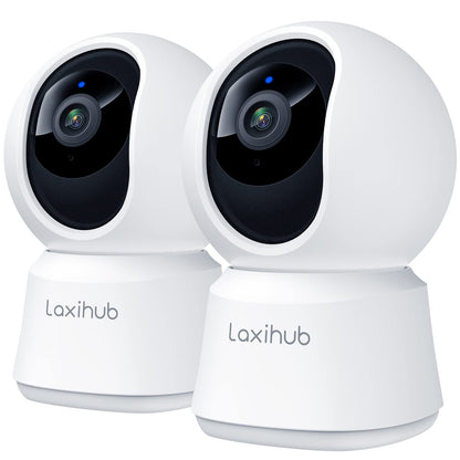 LAXIHUB Hundekamera 2K/3MP Innenkamera WLAN - 2er Set. Kompakte, weiße Kameras zur WLAN-basierten Überwachung von Haustieren und Innenräumen.