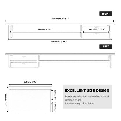 Fenge Dual Monitorständer Riser – 2 Schubladen 108cm Weiss
