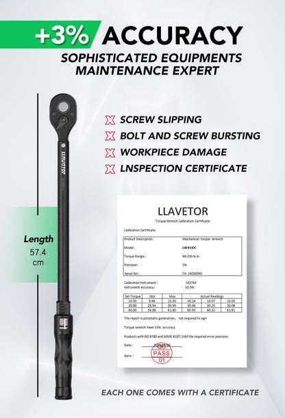 LLAVETOR Drehmomentschlüssel 1/2 Zoll 60-330 Nm für Auto & Motorrad