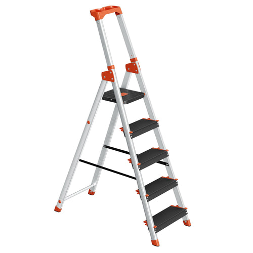 SONGMICS GLT05BK Alu-Leiter 5 Stufen - Schwarz-Orange. Fünfstufige Trittleiter aus Aluminium in Schwarz-Orange. Ideal für Hausarbeiten wie Glühbirnenwechsel.