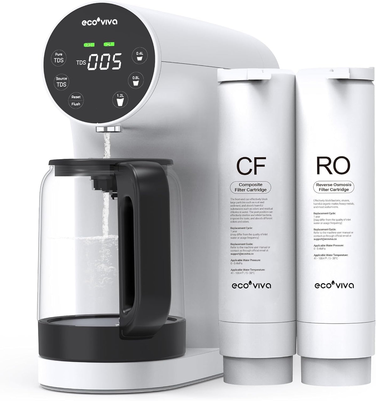 Ecoviva WP-RO-200G Auftisch Umkehrosmoseanlage, mobiles weißes Gerät zur Trinkwasseraufbereitung.