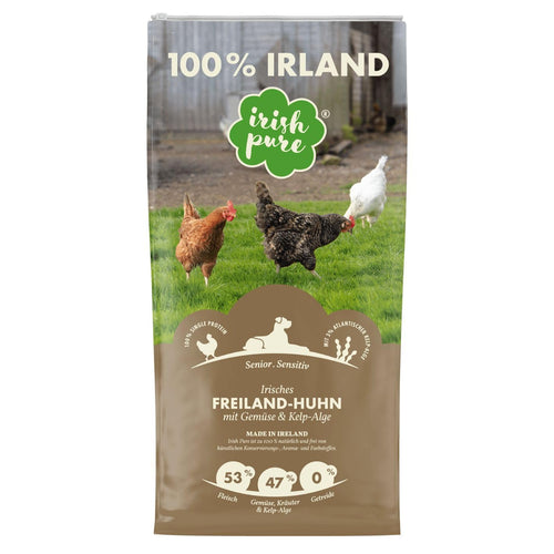 Irish Pure Senior Hundetrockenfutter - Freiland-Huhn, Getreidefrei, 12kg. Braune Kroketten als Alleinfutter für ältere Hunde.