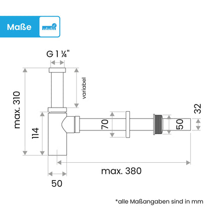 Bächlein Design Siphon Universal für Waschbecken, matt schwarz