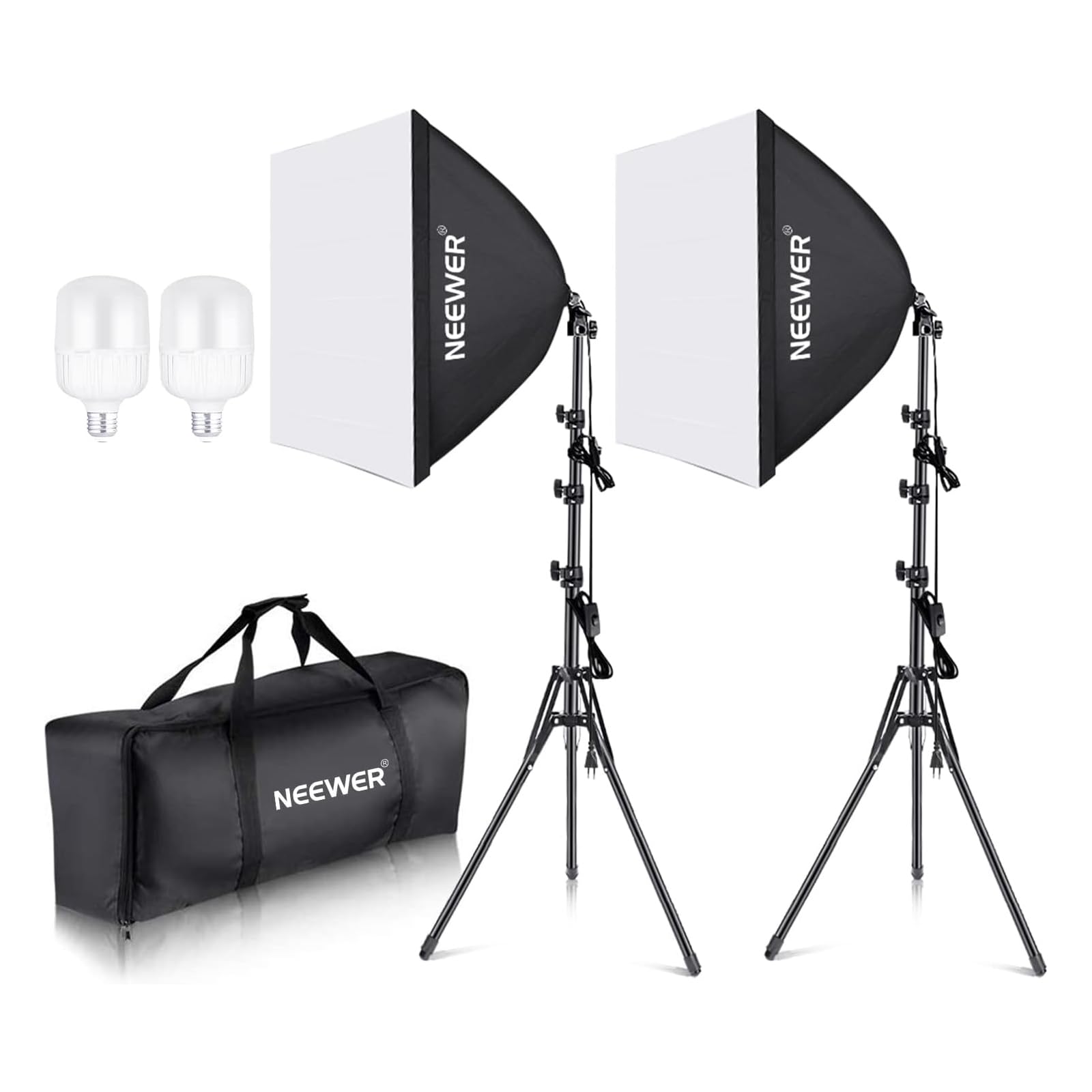 NEEWER Softbox Beleuchtung Set Fotostudio Licht – 2er-Set 700W 5500K. Zwei schwarz-silberne Softboxen für 5500K Diffuslicht.