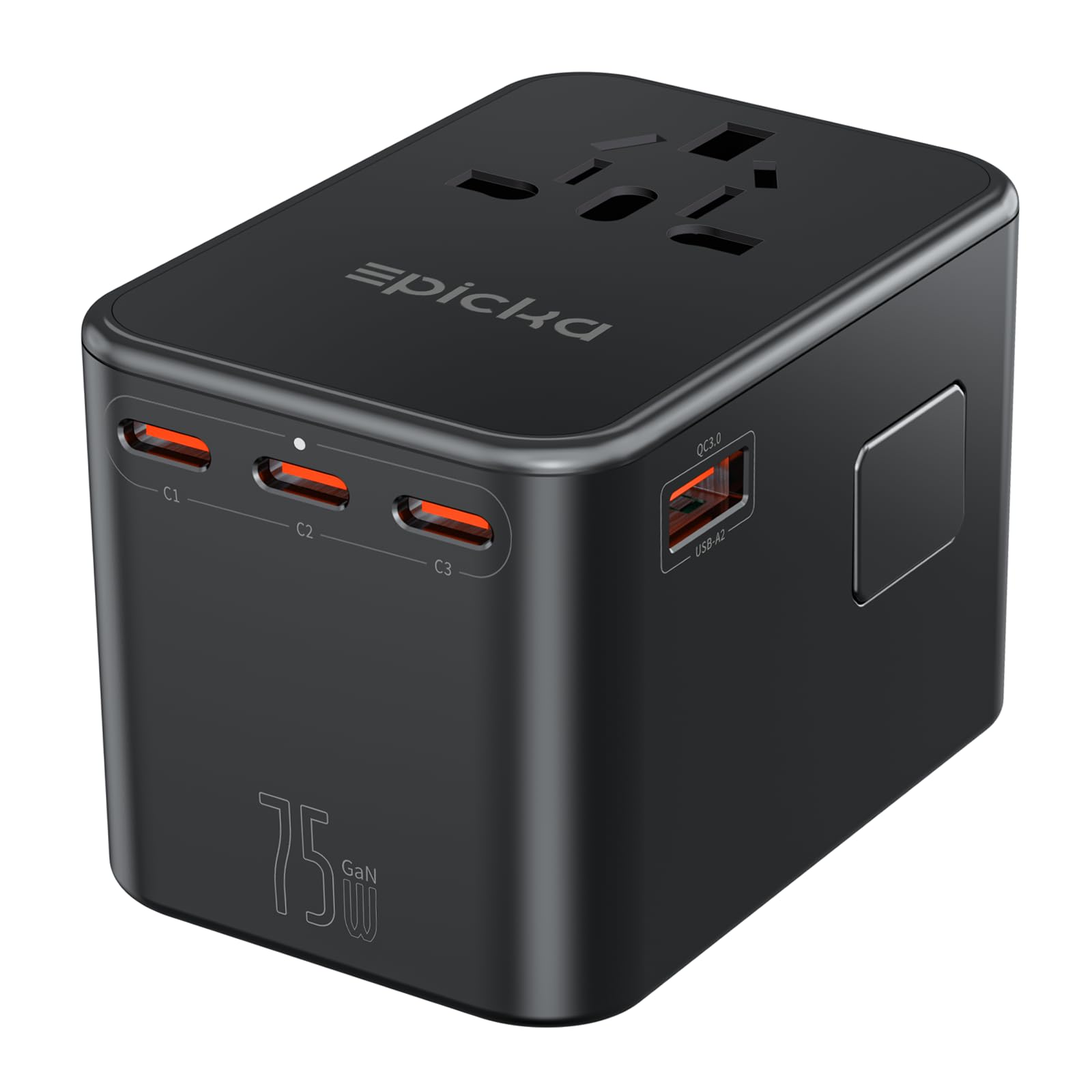 EPICKA TA-105 Max Universal Reiseadapter - GaN 75W Schnelllader. Kompakter, schwarzer Adapter für weltweites Reisen und schnelles Aufladen.