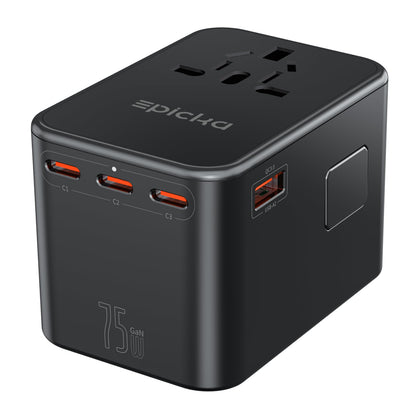 EPICKA TA-105 Max Universal Reiseadapter - GaN 75W Schnelllader. Kompakter, schwarzer Adapter für weltweites Reisen und schnelles Aufladen.