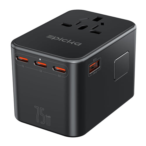EPICKA TA-105 Max Universal Reiseadapter - GaN 75W Schnelllader. Kompakter, schwarzer Adapter für weltweites Reisen und schnelles Aufladen.