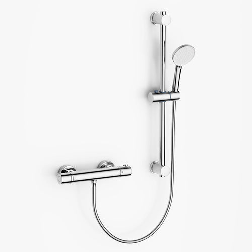 MORADO Duschsystem mit Thermostat Komplettset Chrom. Vertikale Chromstange, Kopf- und Handbrause, Thermostatarmatur. Reguliert Wassertemperatur und -strahl zum Duschen.