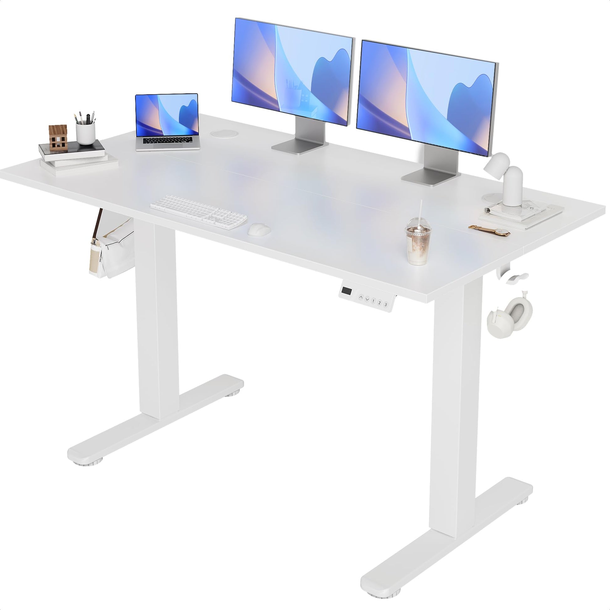 Claiks Elektrischer Steh-Sitz Schreibtisch 120x60cm Weiss. Rechteckig. Elektrisch höhenverstellbar für ergonomisches Sitzen oder Stehen.