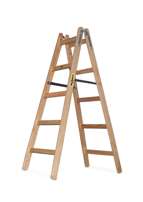 DRABEST Holz Klapp-Stehleiter - 2x5 Sprossen Beidseitig. Braun. Beidseitig begehbare Stehleiter für Arbeiten in der Höhe.