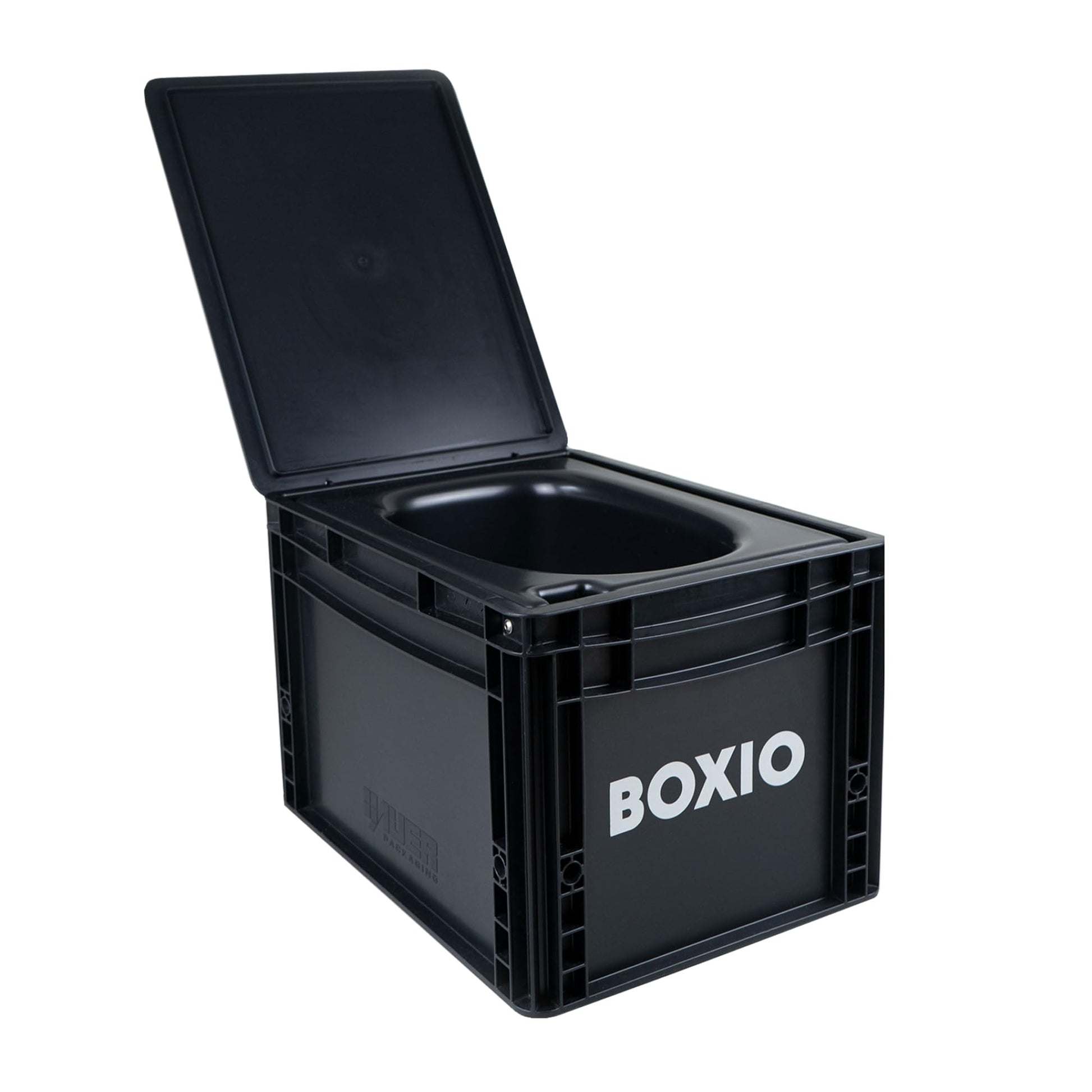 BOXIO TOILET Mobile Camping Trockentrenntoilette, schwarzer, kompakter Kasten. Bietet autarke Fäkalientrennung für unterwegs.