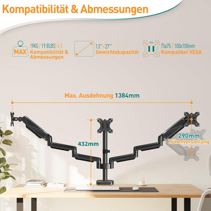 ELIVED Monitorhalterung EV006 für 3 Monitore, 13-27 Zoll, VESA 75/100