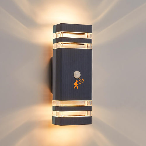 CELAVY LED GU10 Up Down Aussenleuchte mit Bewegungsmelder Anthrazit. Anthrazitfarbene Wandleuchte, gerichtet, mit Sensor.