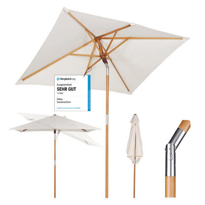 Sekey Holz-Sonnenschirm 200 × 150 cm rechteckig knickbar UV50+ Creme – Sonnenschutz für Garten, Terrasse und Balkon