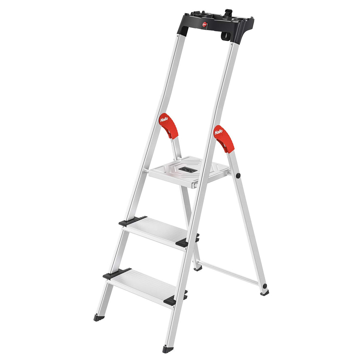 Hailo L80 ComfortLine Alu Sicherheits-Stehleiter - 3 Stufen Silber. Eine silberne Alu-Stehleiter mit 3 breiten Stufen für sicheren Aufstieg bei Hausarbeiten.