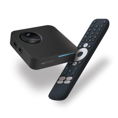 GX1 Google TV Streaming Box Mediaplayer - 4K Premium HDR & DV: Schwarzer, rechteckiger Player zum Streamen von 4K HDR/DV Inhalten auf dem TV.