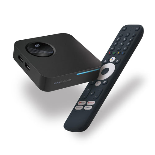 GX1 Google TV Streaming Box Mediaplayer - 4K Premium HDR & DV: Schwarzer, rechteckiger Player zum Streamen von 4K HDR/DV Inhalten auf dem TV.