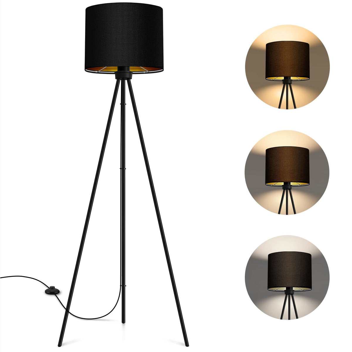 BBHome Stehlampe LED Dimmbar Dreibein – 3 Farbtemperaturen. Stehlampe mit Dreibein-Gestell. Dimmbare LED mit 3 Farbtemperaturen für vielseitige Raumbeleuchtung.
