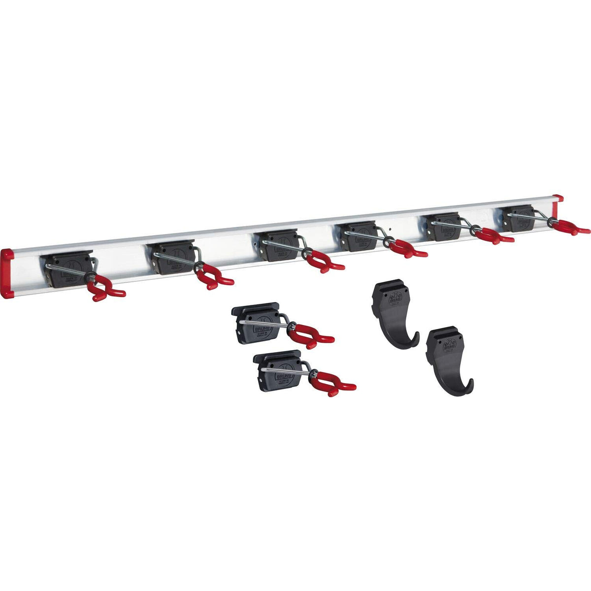Bruns Gerätehalter Schiene 100 cm mit 8 Haltern und 2 Haken, Aluminium, schwarz-rot