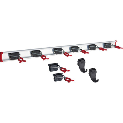 Bruns Gerätehalter Schiene 100 cm mit 8 Haltern und 2 Haken, Aluminium, schwarz-rot