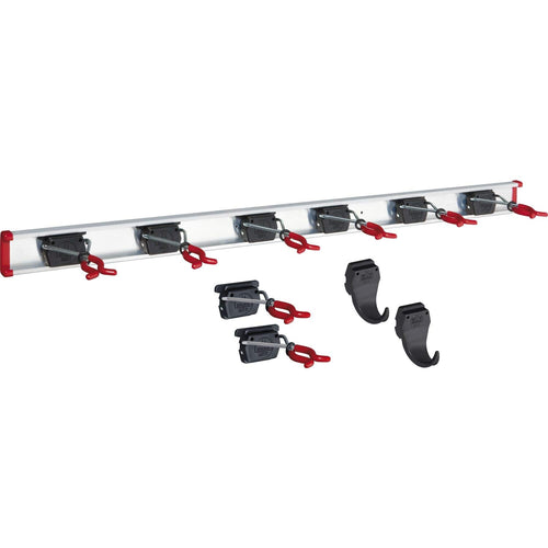 Bruns Gerätehalter Schiene 100 cm mit 8 Haltern und 2 Haken, Aluminium, schwarz-rot
