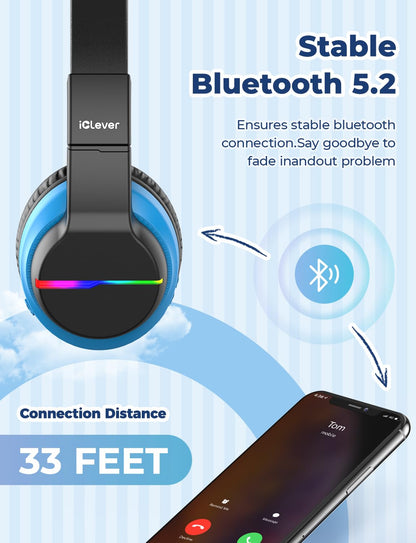 iClever BTH12 Kinder-Kopfhörer Bluetooth Over-Ear mit LED, 2er-Pack