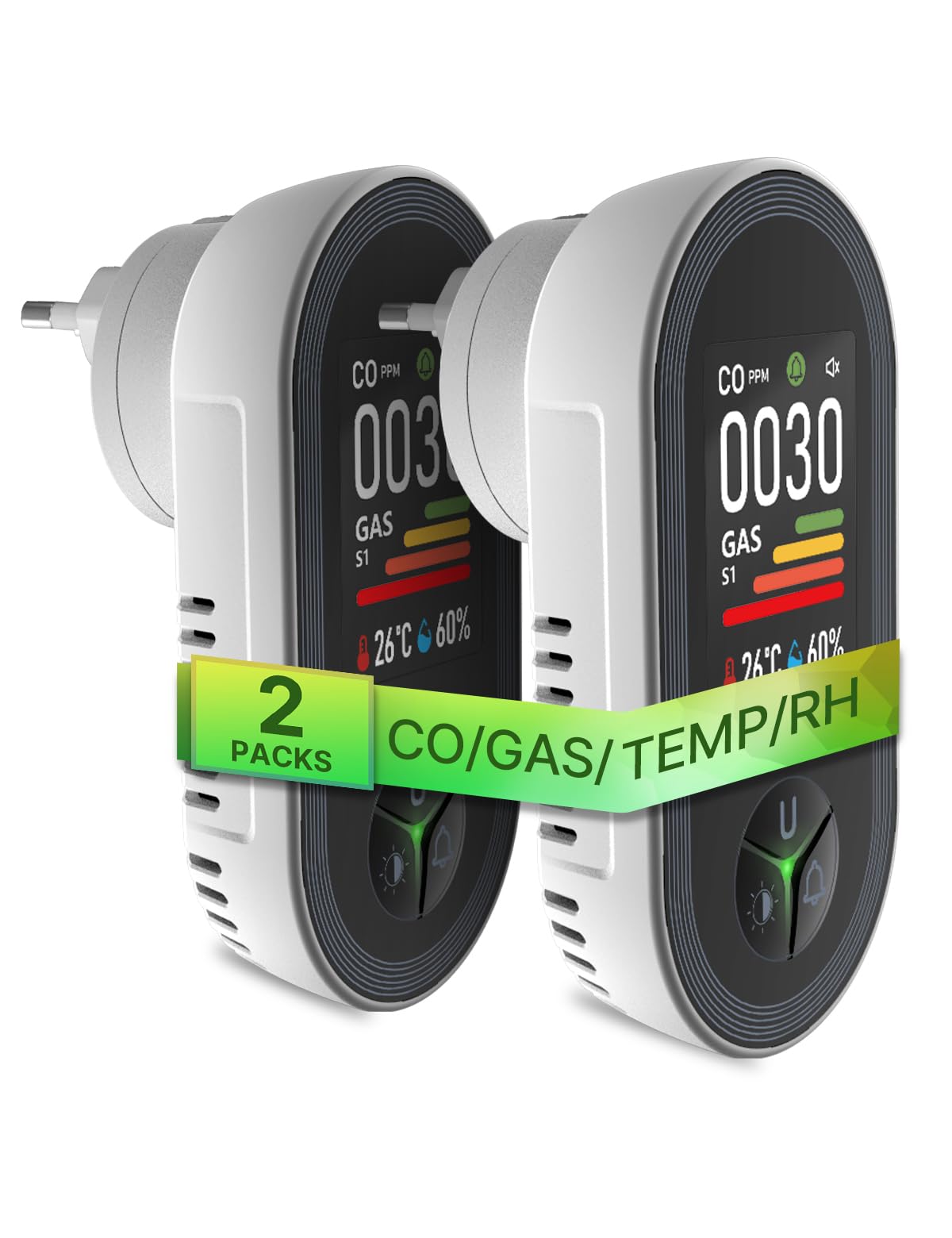 MOES 4-in-1 CO- & Gasmelder mit Stecker – Haus & Wohnmobil. Kompaktes weißes Gerät zum Einstecken, überwacht CO und brennbare Gase.