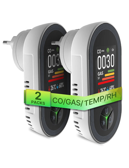 MOES 4-in-1 CO- & Gasmelder mit Stecker – Haus & Wohnmobil. Kompaktes weißes Gerät zum Einstecken, überwacht CO und brennbare Gase.
