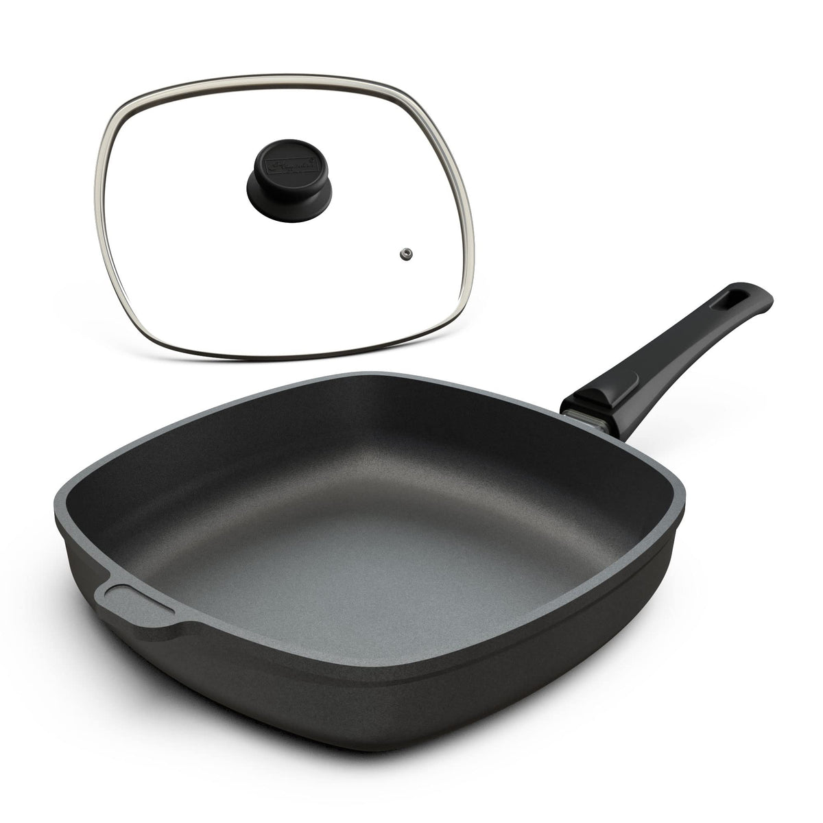 Hoffmann Aluguss Viereckpfanne Induktion 28x28 cm – Antihaft. Silber-schwarze Aluguss-Pfanne mit Antihaft zum Braten auf Induktion.