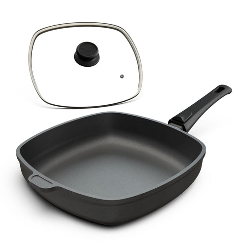 Hoffmann Aluguss Viereckpfanne Induktion 28x28 cm – Antihaft. Silber-schwarze Aluguss-Pfanne mit Antihaft zum Braten auf Induktion.
