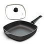 Hoffmann Aluguss Viereckpfanne Induktion 28x28 cm – Antihaft. Silber-schwarze Aluguss-Pfanne mit Antihaft zum Braten auf Induktion.