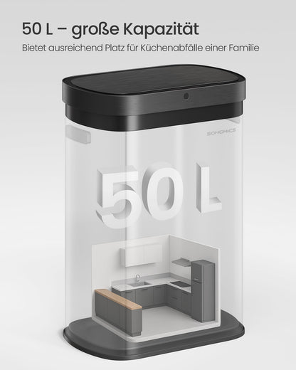 SONGMICS Sensor-Mülleimer, 50 L, Softclose, Stahl, silber-schwarz