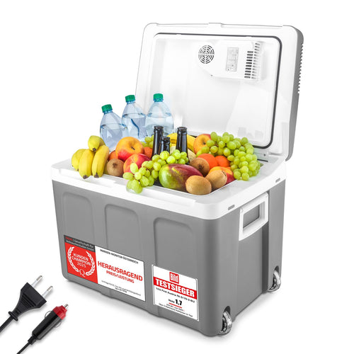TZS First Austria Kühlbox 45L elektrisch 12V/230V – Grau mit Rollen. Rechteckige Form, kühlt mobil Getränke und Lebensmittel.