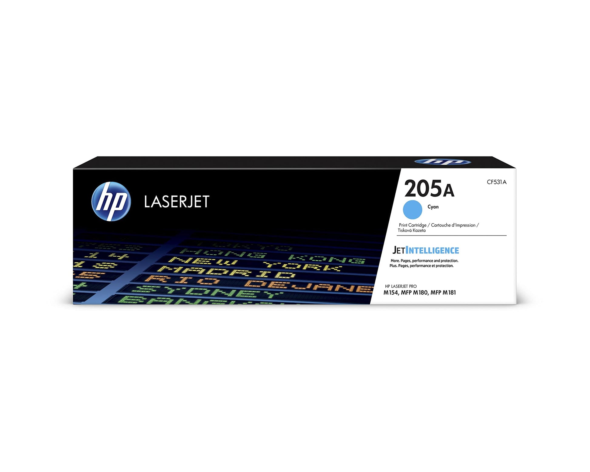 HP 205A Cyan Tonerpatrone. Zylindrisch-rechteckige, cyanfarbene Kartusche zum Erzeugen von Farbdrucken in HP Laserdruckern.
