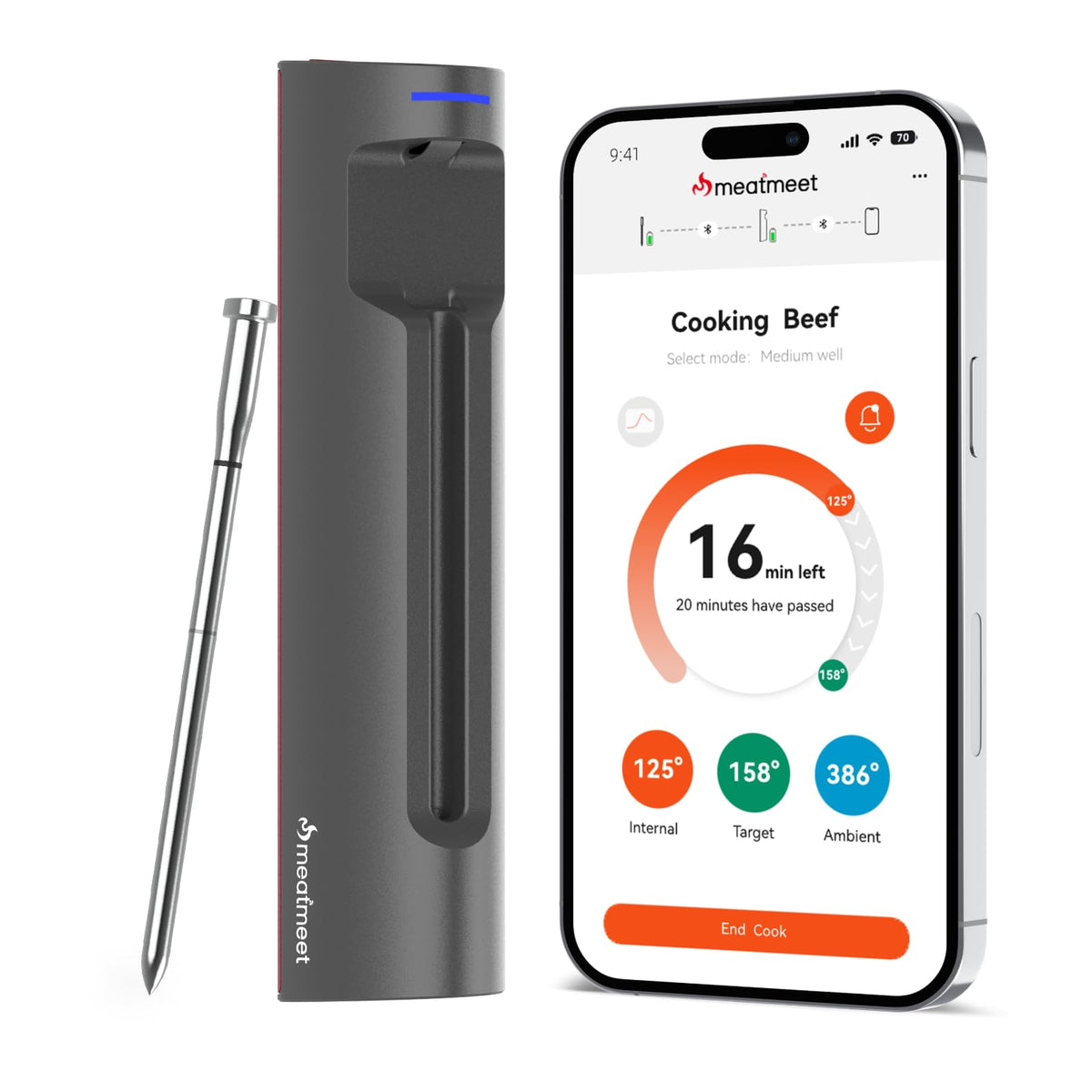 Meatmeet S Pro Fleischthermometer, kabellose Edelstahl-Sonde mit sechs Temperatursensoren