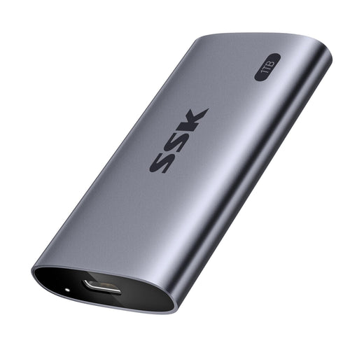 SSK Portable SSD – Externe NVMe SSD 1TB USB 3.2 Gen2x2. Kompaktes, schwarzes Gehäuse für schnelle Datenspeicherung.