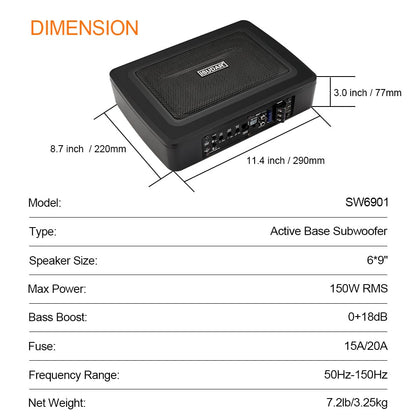 ISUDAR 9" aktiver Untersitz-Subwoofer – 600W, schlank, schwarz