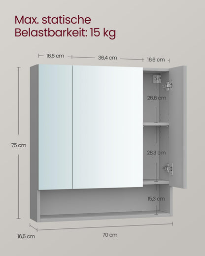 VASAGLE Kailyn Spiegelschrank – 3 Türen Taubengrau BBK129G01